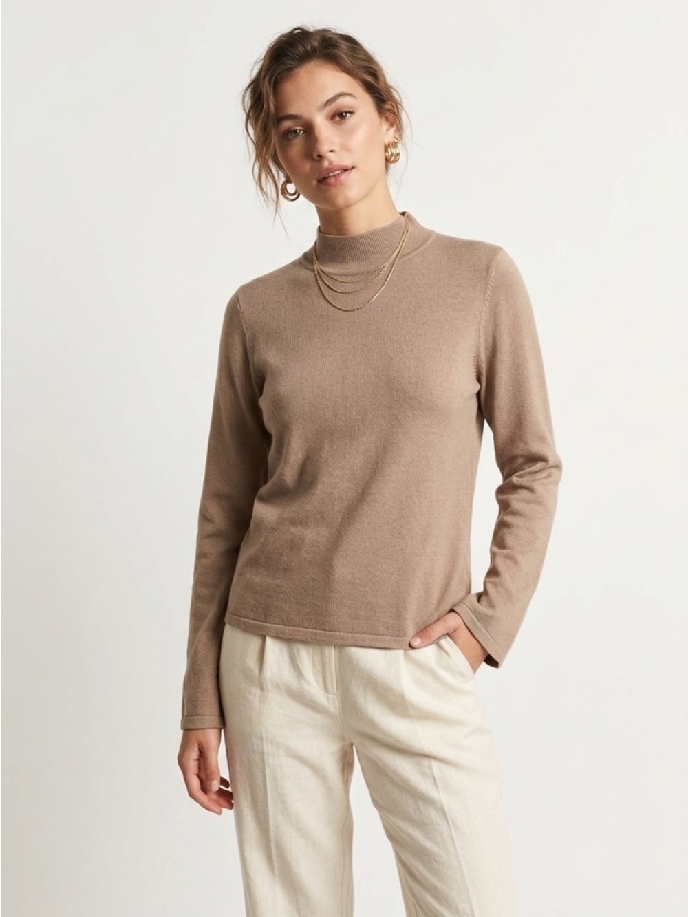 Pendleton Mock Neck Sweater Ribbed Trim Silk Blend Camel Tan Petite L